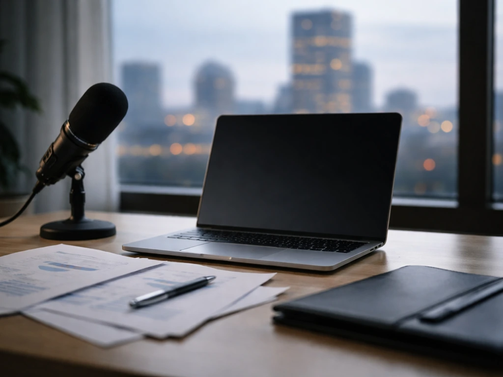 Minimal desk setup with laptop, microphone, and unbranded papers, symbolizing net-worth research.