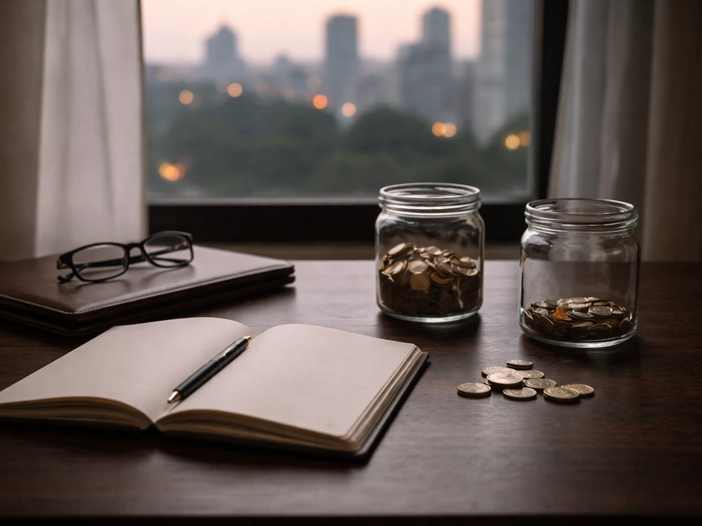 Empty office desk with coins and glasses, with two jars suggesting a net worth range.