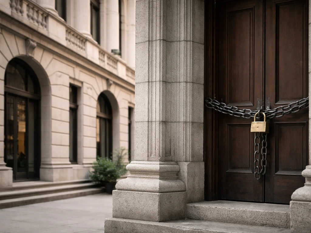 Minimal photo of a private bank facade with a contrasting locked courthouse door and iron chain symbols