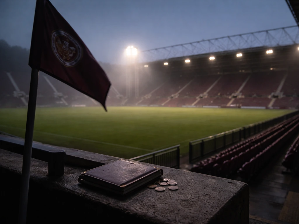 Misty evening view of a football stadium stand with subtle money symbolism and a crest-like banner