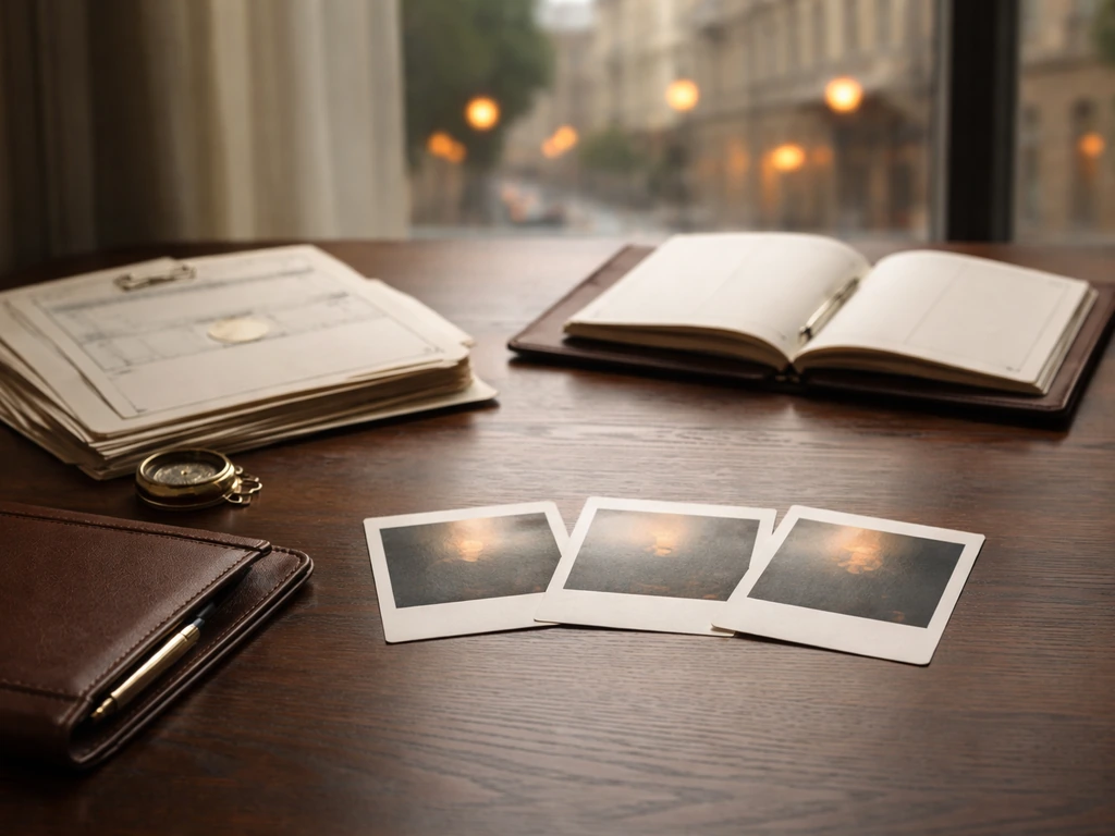 Minimal desk with blank documents and planner, softly lit city view, symbolizing wealth growth over decades.