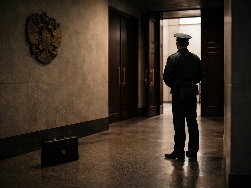 Anonymous security near a government ministry entrance, suggesting an official Russian finance role.