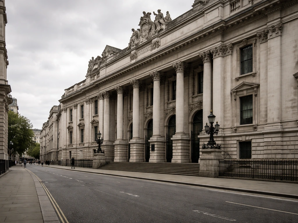 London High Court courthouse exterior with overcast sky and empty street