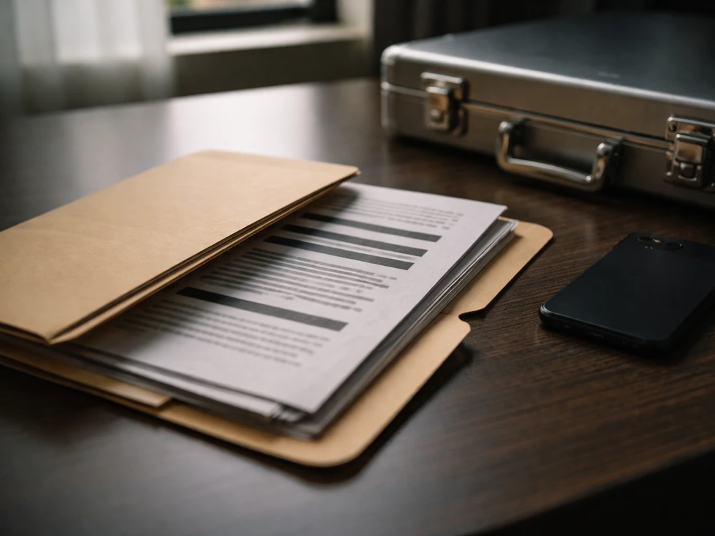 Close-up of a banker’s desk with a partially open folder of redacted documents and a phone.