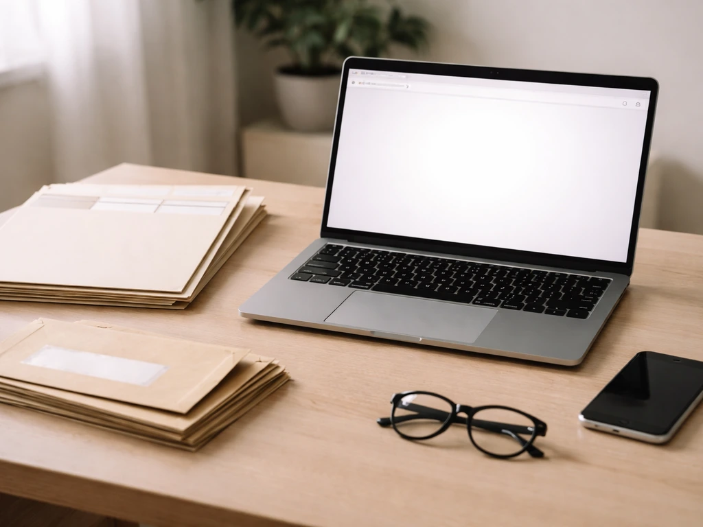 Minimal desk setup with open laptop and blank official documents for verifying financial claims