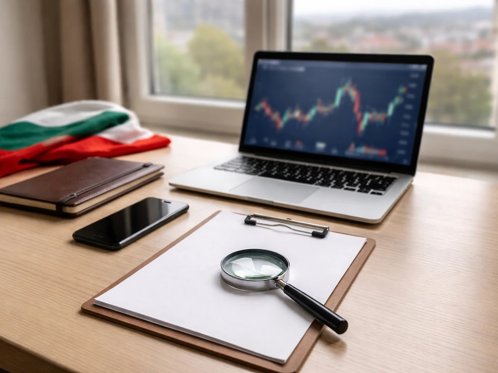 Minimal office desk with magnifying glass over blank clipboard near a laptop showing blurred forex charts