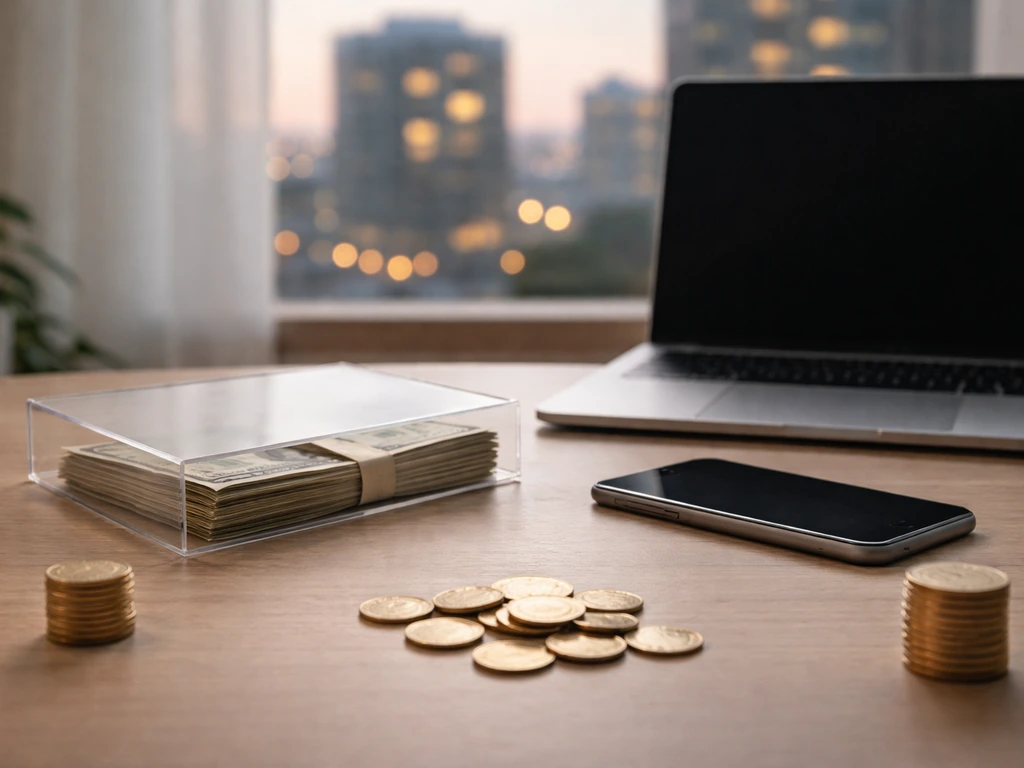 Minimal desk scene with cash and coins suggesting a net worth range, plus a blank laptop in soft city light.