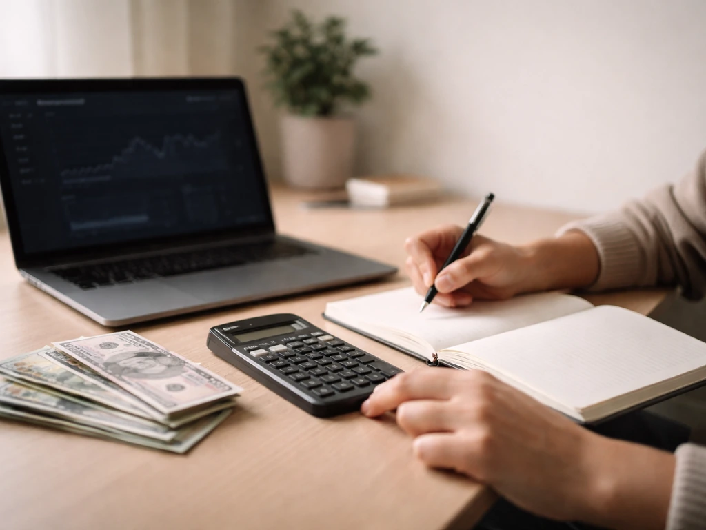 Forex educator net-worth calculation represented by a tidy desk setup with money, laptop, and notebook