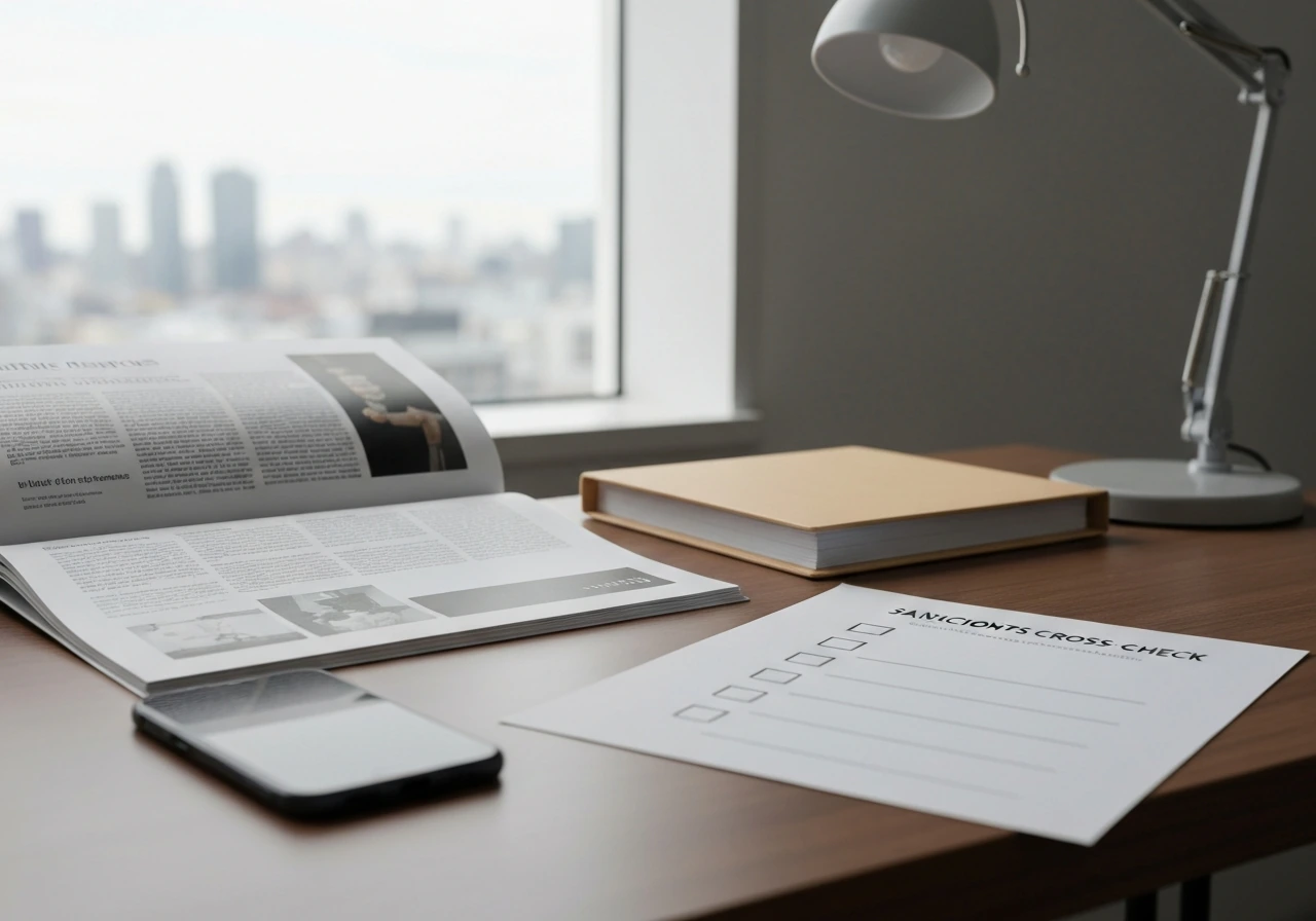 Desk scene with a media-style report page and a sanctions/identity checklist for net worth verification.
