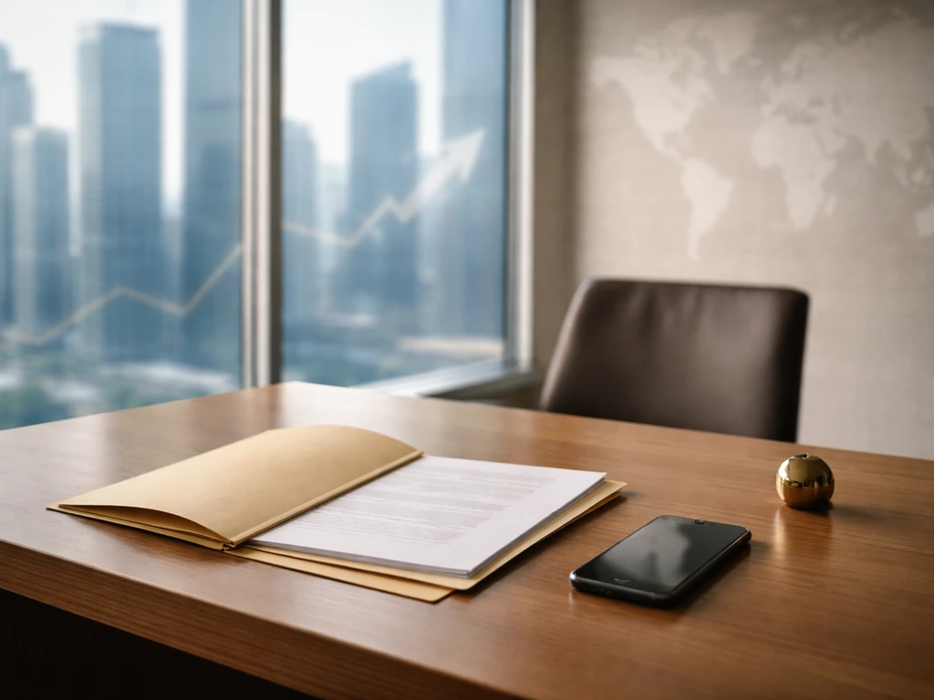 Sunlit venture capital office desk with an open folder, smartphone, and blurred city view symbolizing wealth estimation.