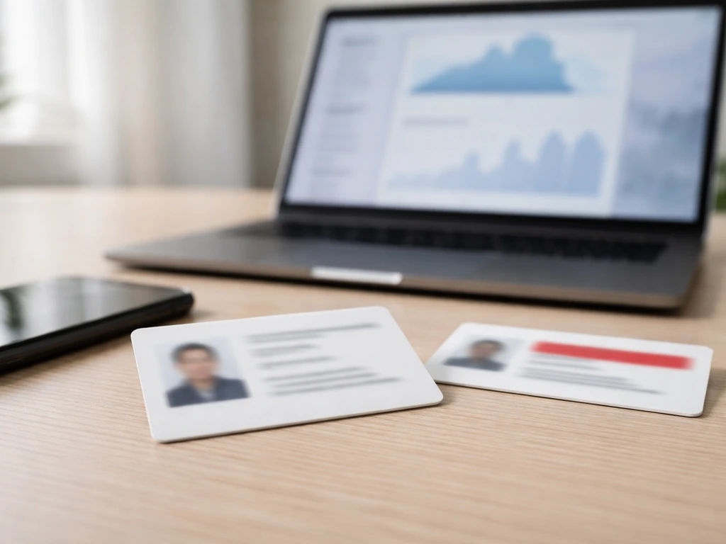 Anonymized identity-check scene with a blurred card beside a laptop showing finance research imagery