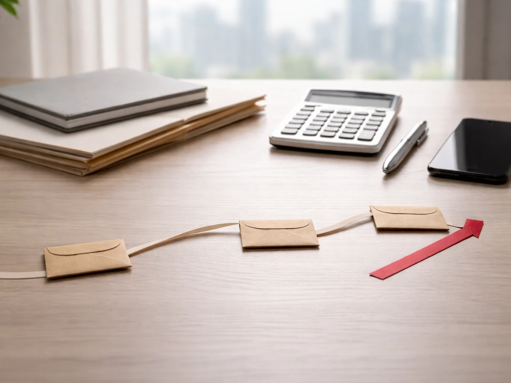 Minimal desk scene with blank calculator and folders plus ribbon timeline symbolizing fund and carry mechanics.