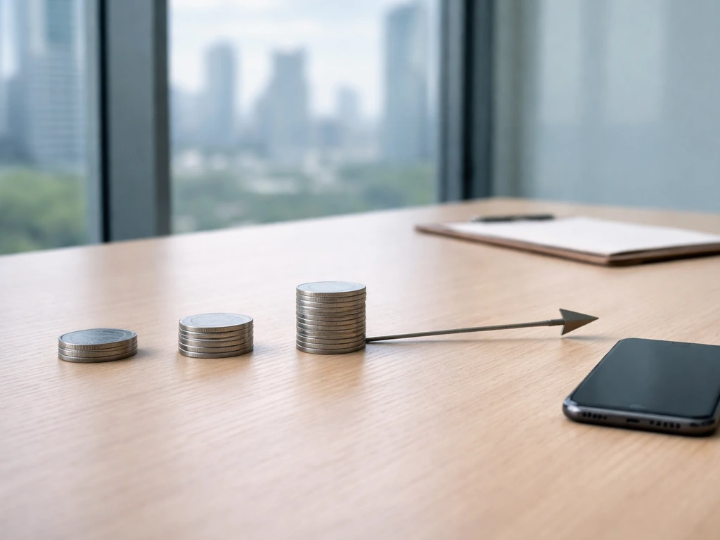 Minimal office desk with milestone tokens and a metallic arrow indicating forward wealth changes.