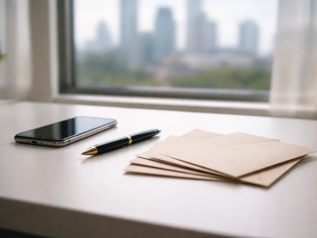 Minimal photo of a sleek desk with a smartphone, pen, and scattered cash-like envelopes beside a blurred city view.