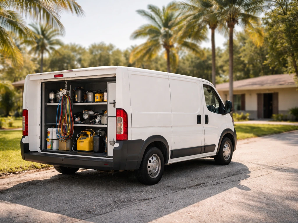 Sunlit Florida HVAC contractor tools and a compact work truck by a roadside, symbolizing a regional business legacy.