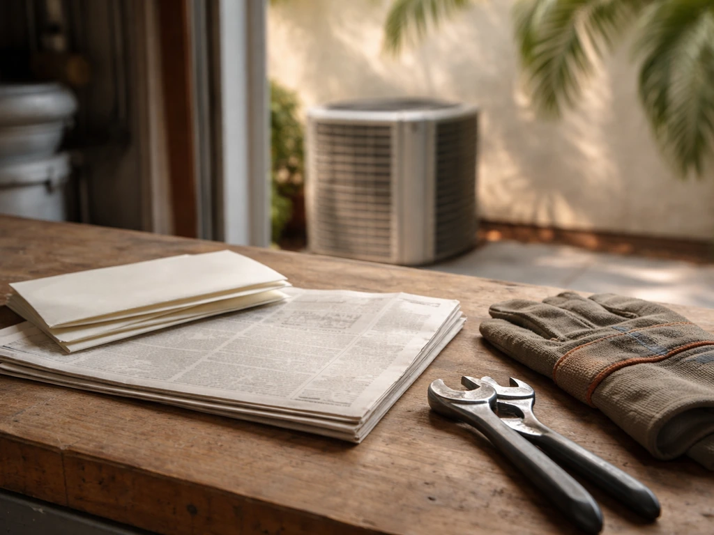 Florida HVAC entrepreneur concept: vintage newspaper clipping beside tools in a sunny garage workspace.