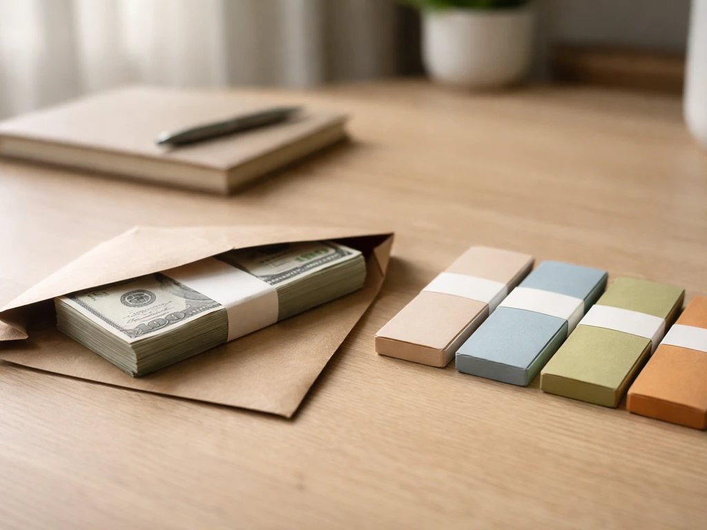 Minimal desk scene with a segmented paper money envelope bundle symbolizing a net worth range breakdown