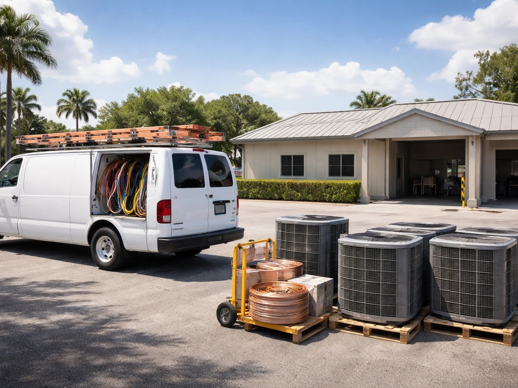 Del-Air themed HVAC equipment and trucks in a Florida service yard outside a simple office building.