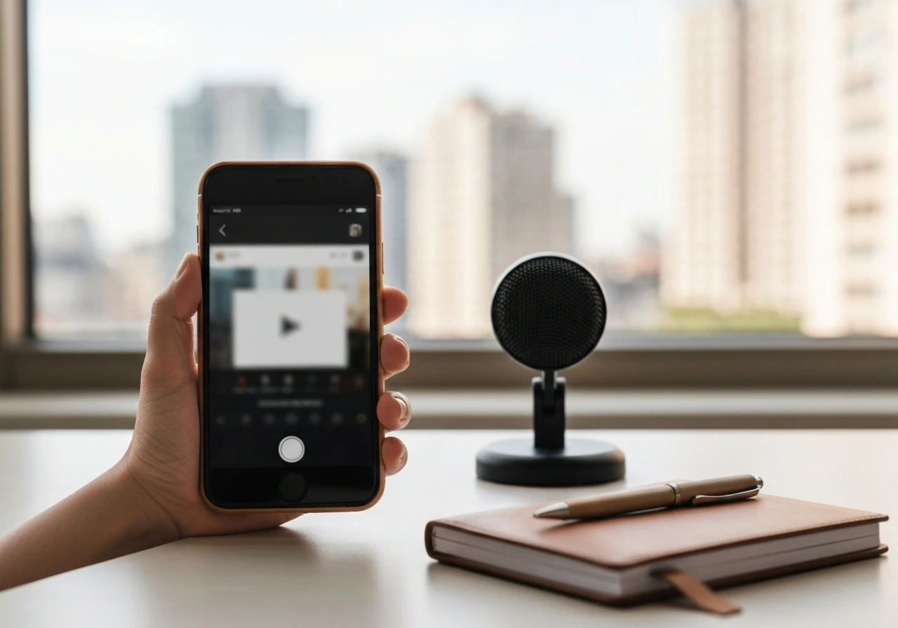 Minimal media-creator desk with smartphone and microphone, city skyline through a window, no people.