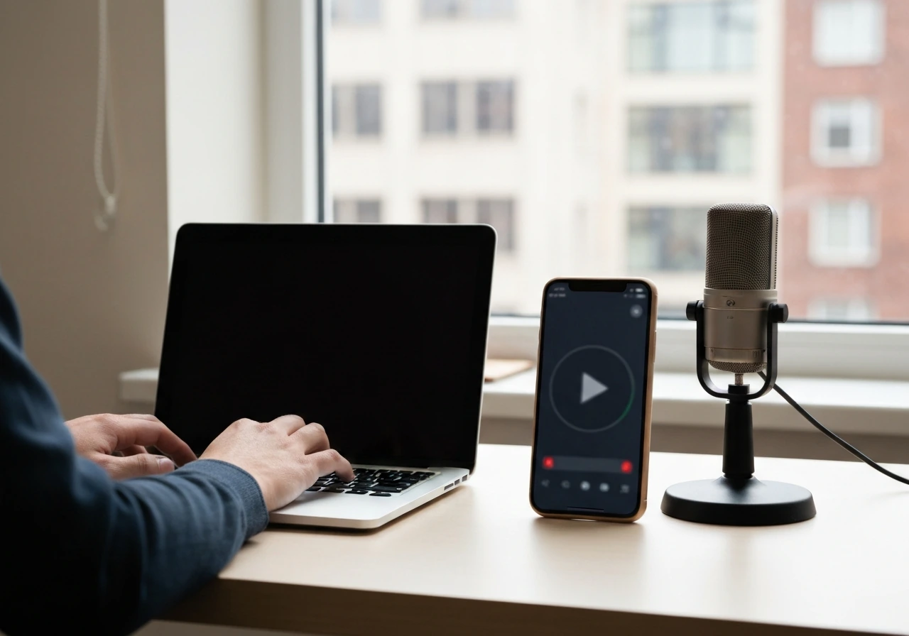Anonymous hands typing with a laptop, phone play icon blur, and microphone in a quiet home office.