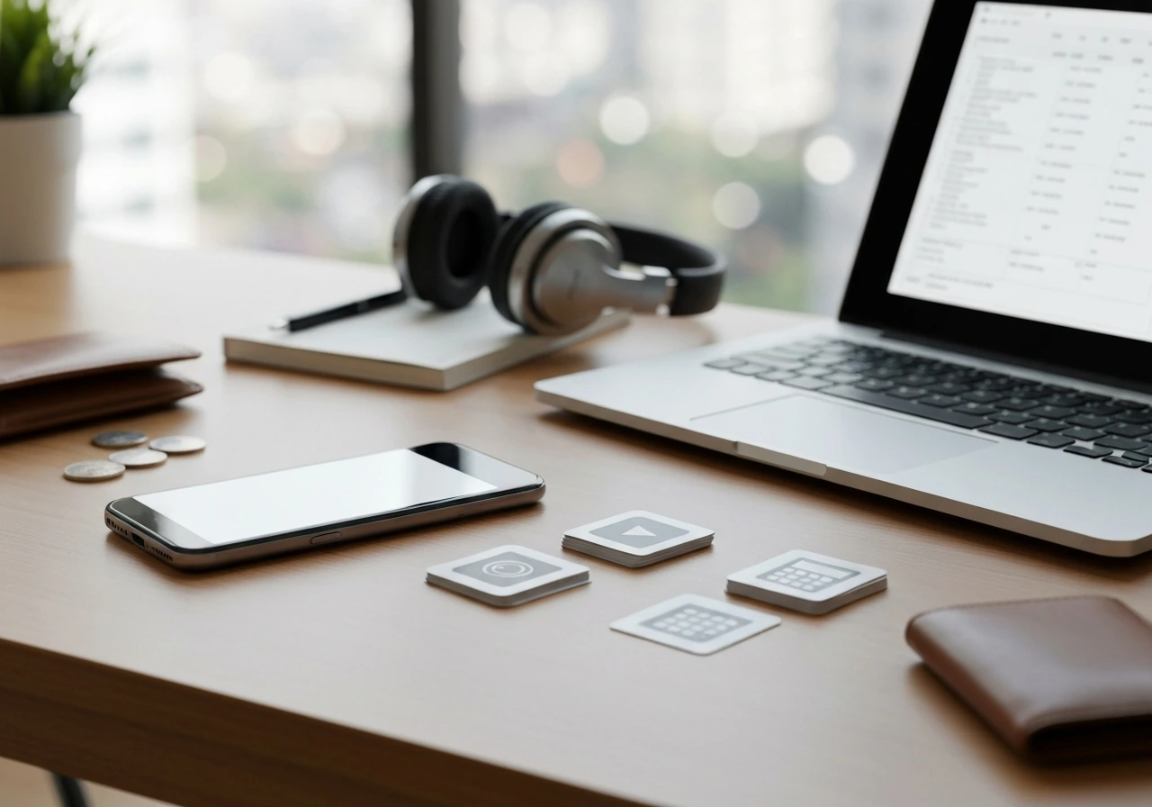 Minimal desk scene with smartphone, notebook, and two icon card sets symbolizing verified data vs inference.