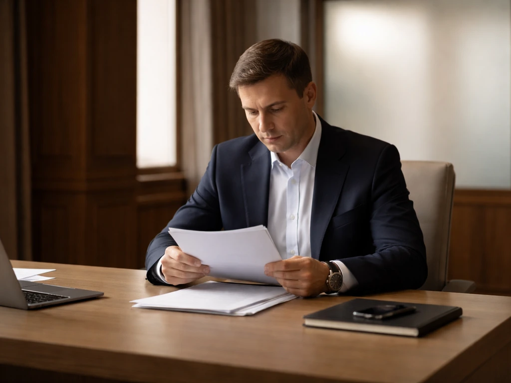 Georgian-style businessman in a quiet office reviewing papers, symbolizing Levan Vasadze’s business identity
