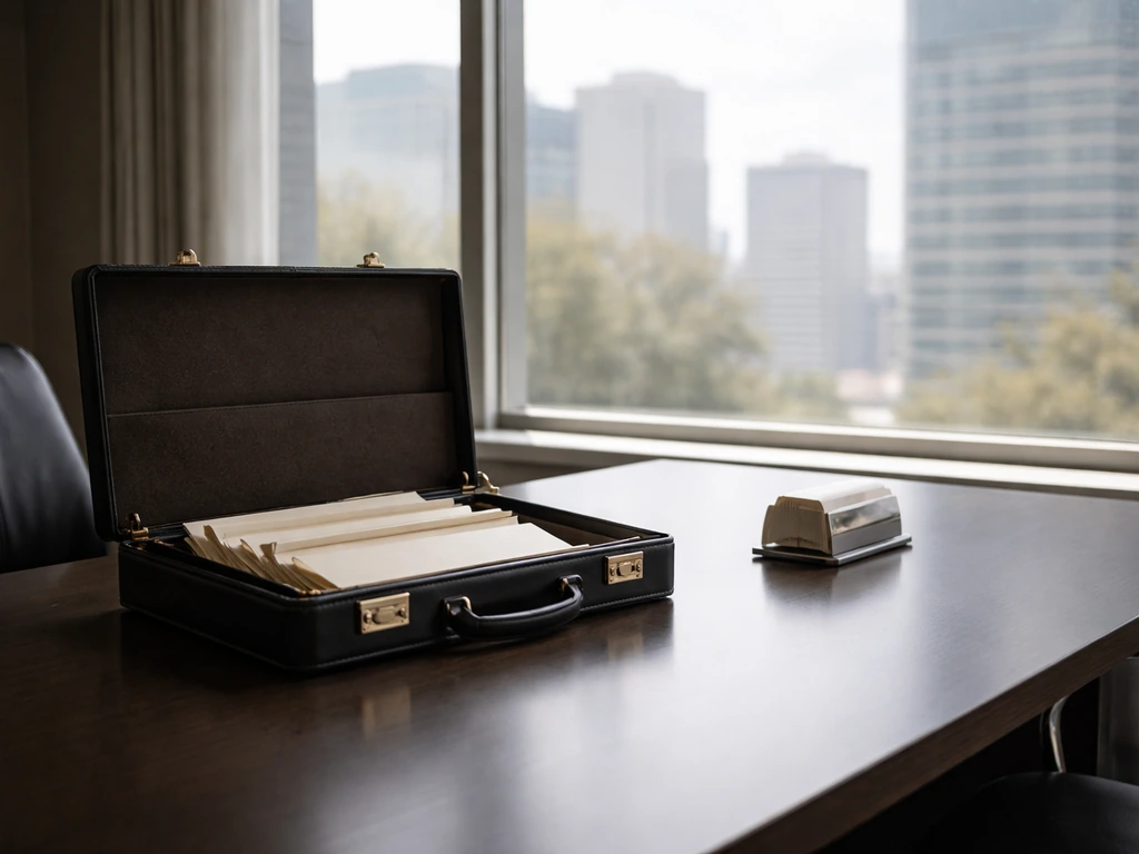 Minimal photo of a modern office desk with a briefcase and portfolio folders near a window.