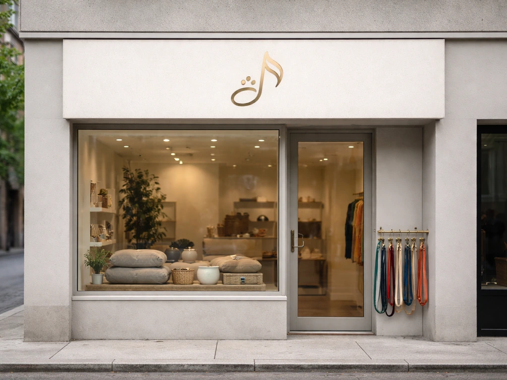 A minimal view of a pet supply storefront with a subtle Beethoven-style brand sign and branded dog leashes