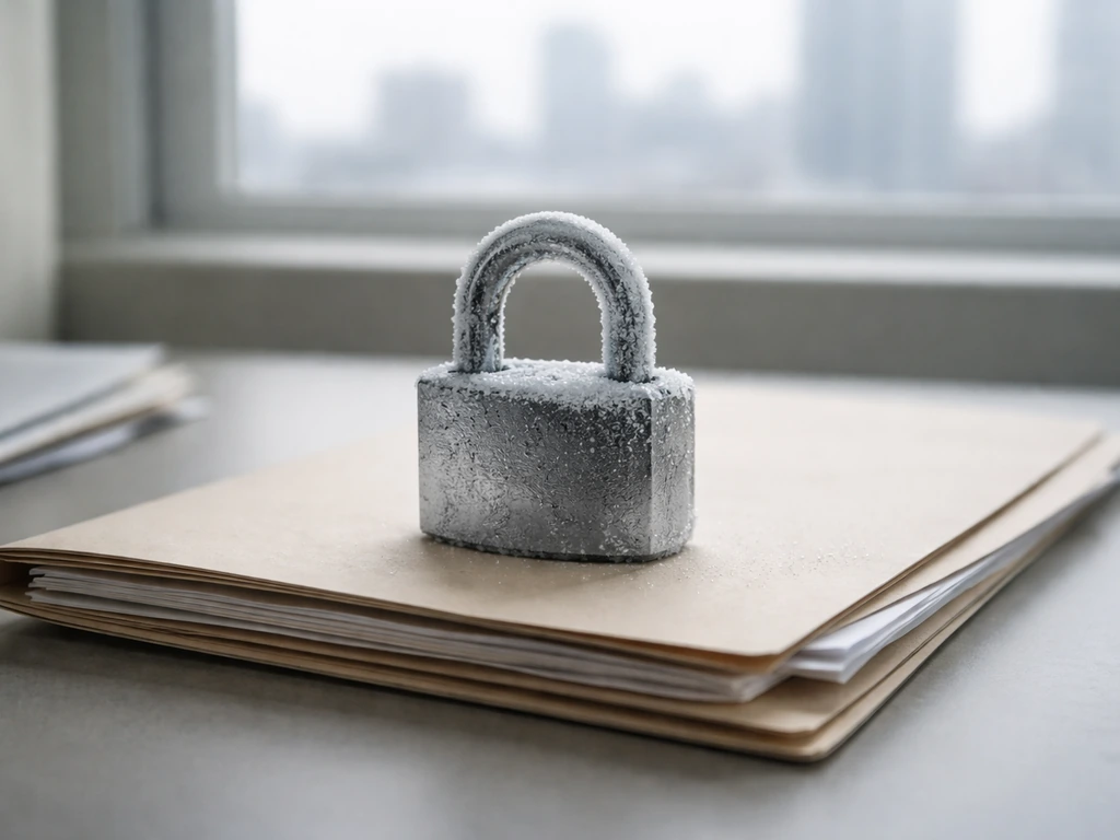 An open padlock over a blurred document folder, with a cold-toned city window backdrop suggesting an asset freeze.