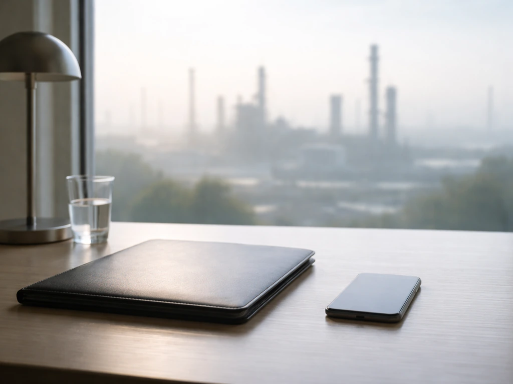 Sunlit modern office desk with a covered folder and a blurred city skyline hinting at energy investment wealth