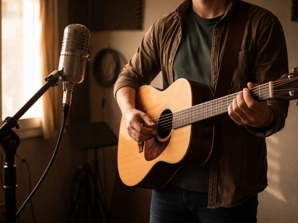Minimal studio scene with an anonymous musician holding a guitar and a vintage microphone, suggesting a Serbian singer v