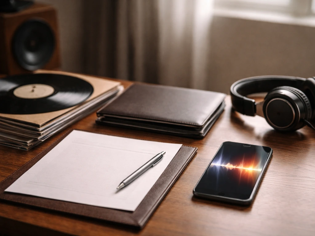 Music income concept: vinyl and studio gear beside a smartphone showing abstract streaming waves, no text