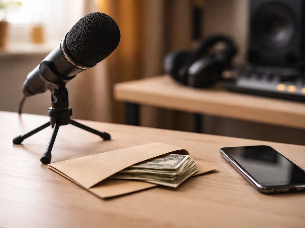 Minimal studio desk scene with a blurred microphone and a cash-like envelope, symbolizing music success and money compar