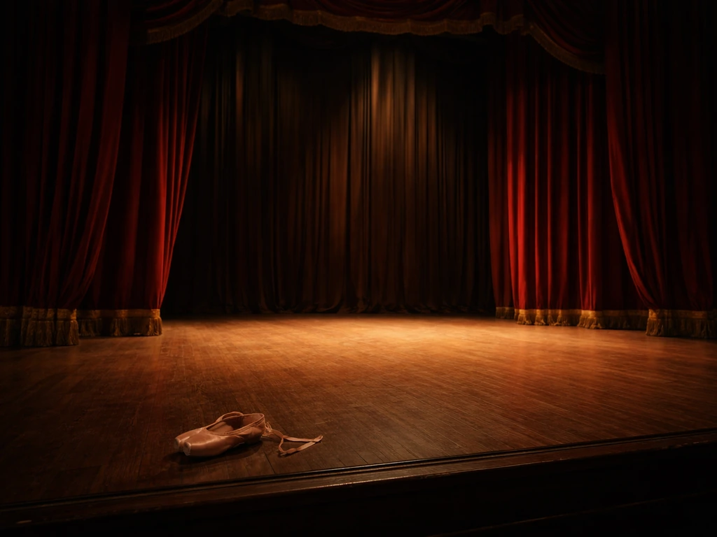 Empty Soviet ballet stage with ornate curtains and a ballet slipper on the floor