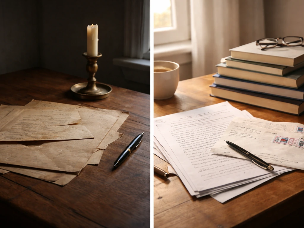 Split desk photo: aged ledger papers at left and open books with contract-like papers at right.