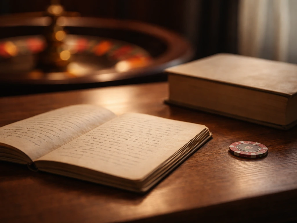 Open aged memoir page beside a roulette token with a softly blurred roulette wheel in the background.
