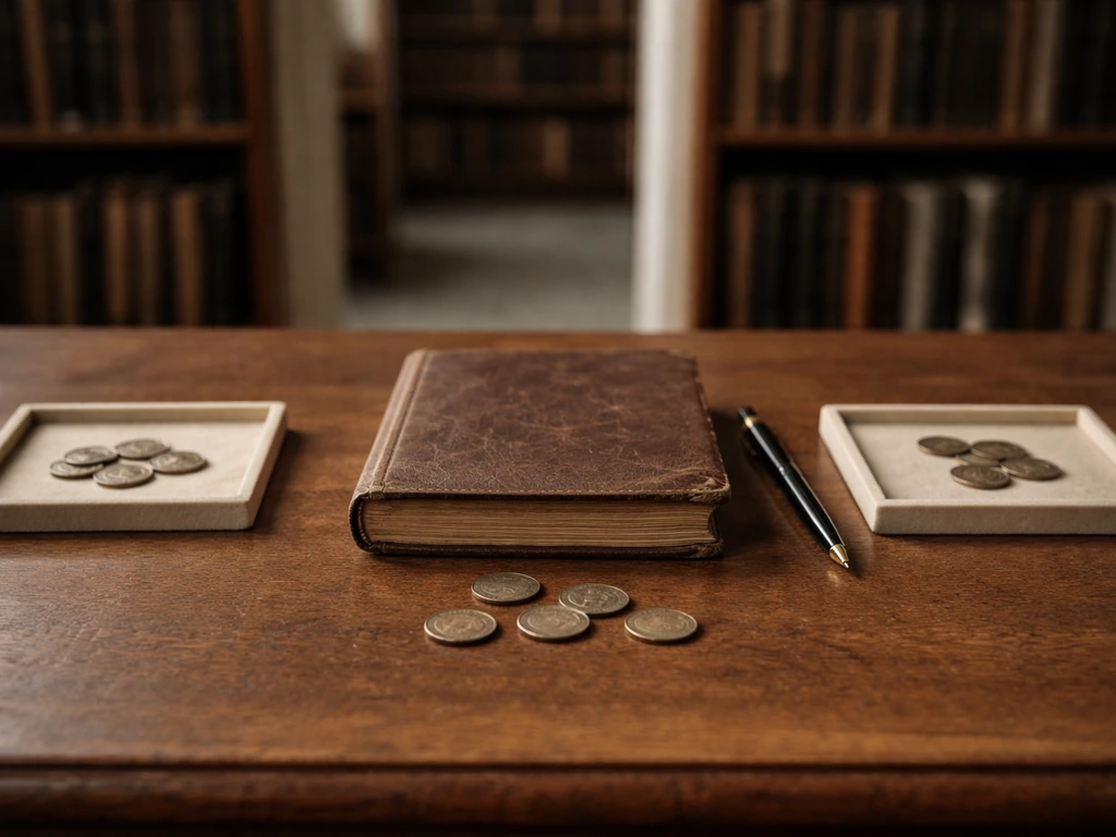 Minimal desk scene with an old ledger and a small range of scattered coins indicating a modest estimate.