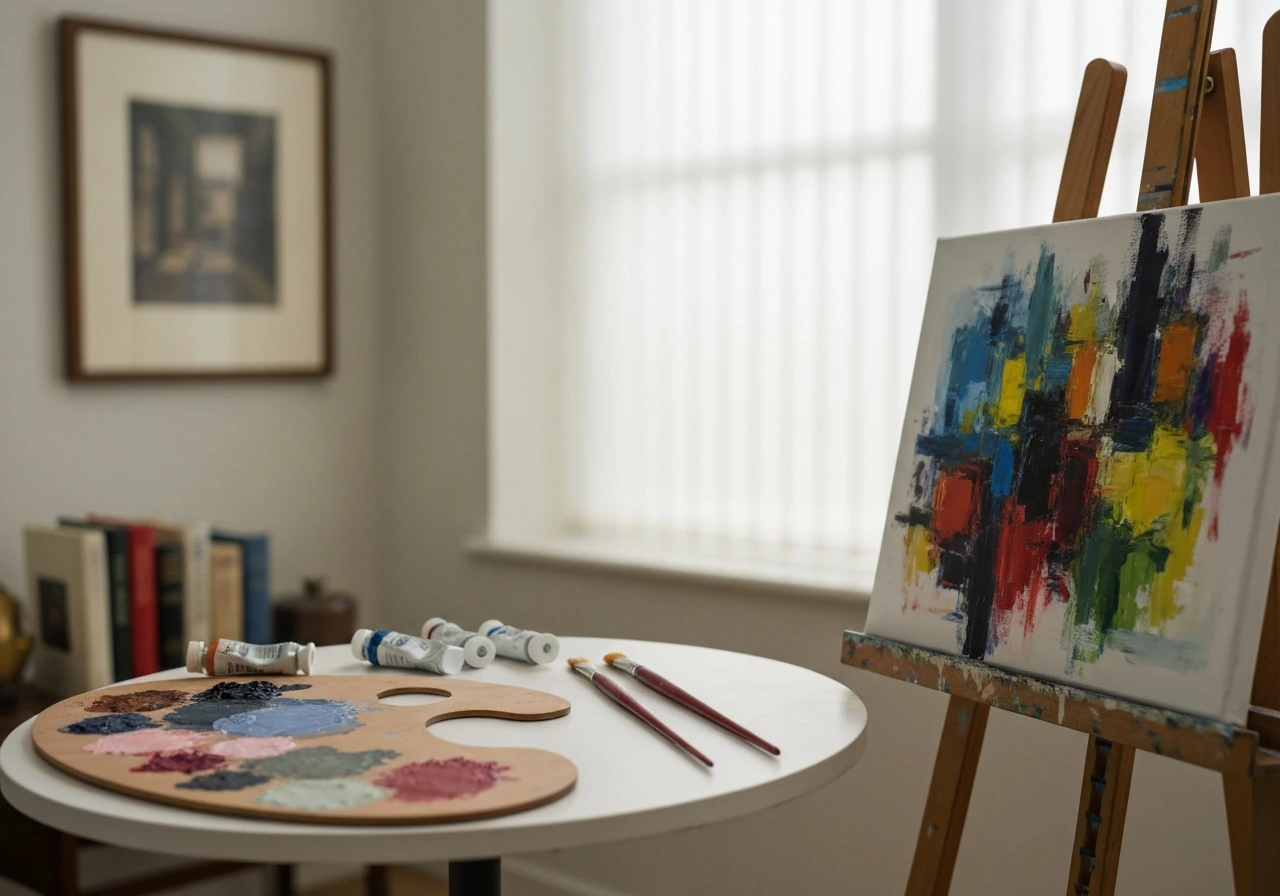 Minimal art studio with easel, abstract painting, and painter tools, symbolizing artistic fame and wealth interest.