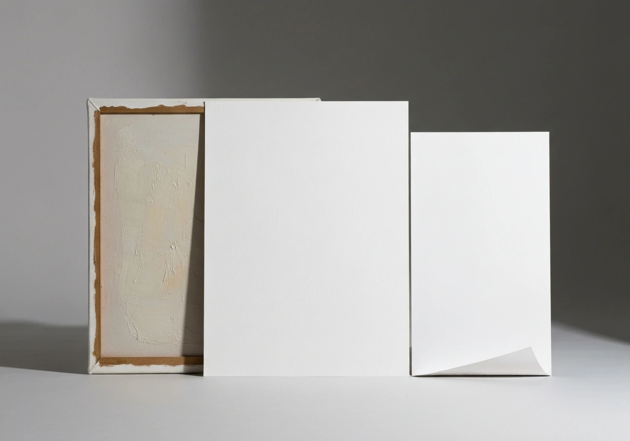 Three artwork tiers side-by-side: textured oil canvas, matte giclée print, and a simple poster on a neutral surface.