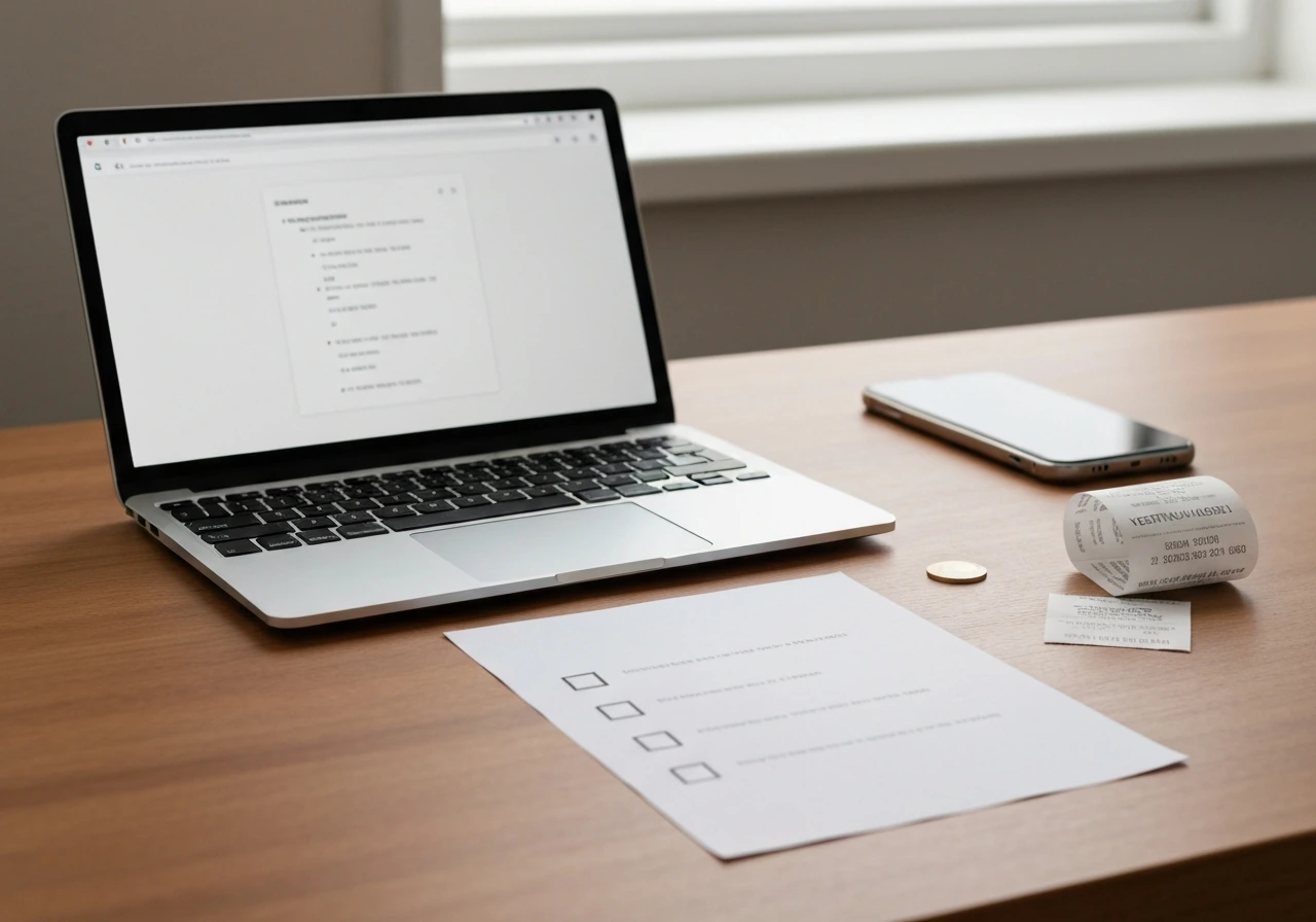 Minimal desk scene showing a laptop, papers, and a checklist tool for verifying an online business estimate