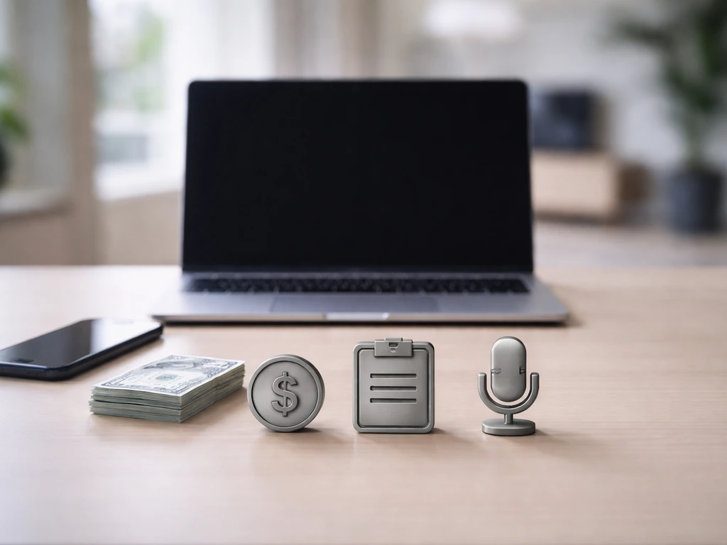 Minimal desk scene with banknotes, a laptop, and symbolic contract/money/microphone objects.