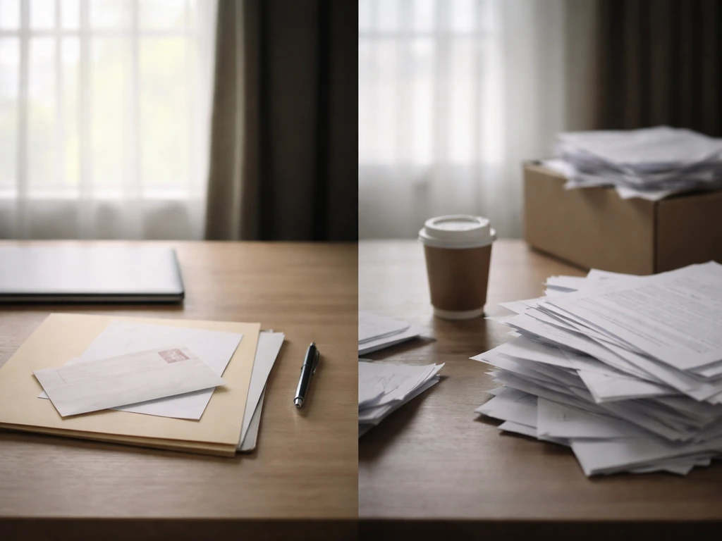 Split-lit desk showing organized documents on one side and vague, unverified papers on the other