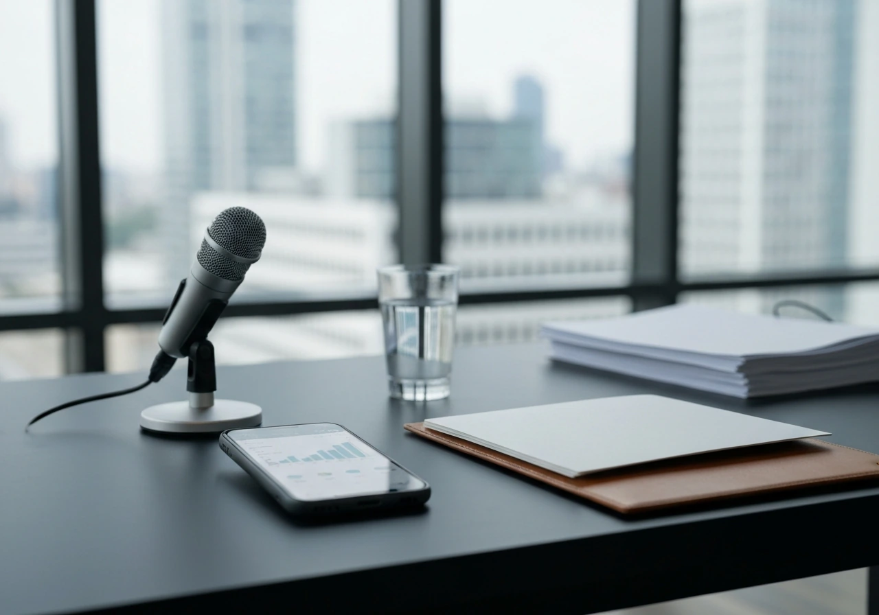 Minimal office desk scene with microphone and blurred financial phone screen, symbolizing net worth sources