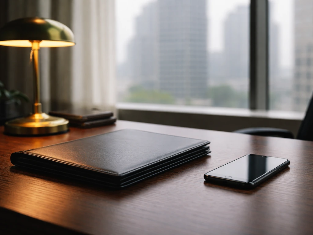 Anonymous executive desk with business items and a blurred city view, symbolizing finance and credibility.