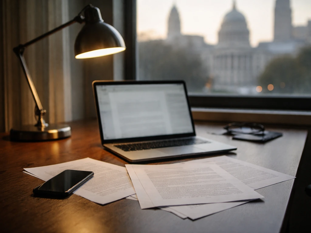 Unmarked finance analyst desk with an open laptop, scattered documents, and a blurred city view—media scrutiny theme.