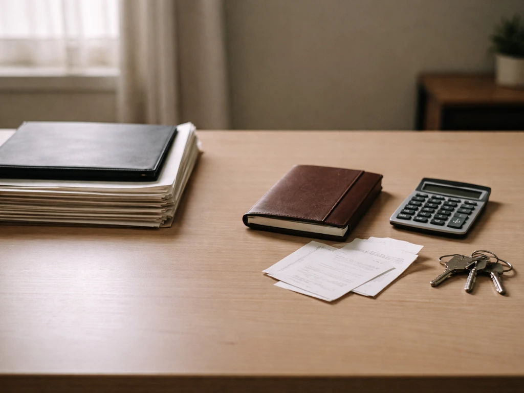 Researcher’s desk split between documents and scattered proxy items, symbolizing direct evidence vs inferred wealth sign