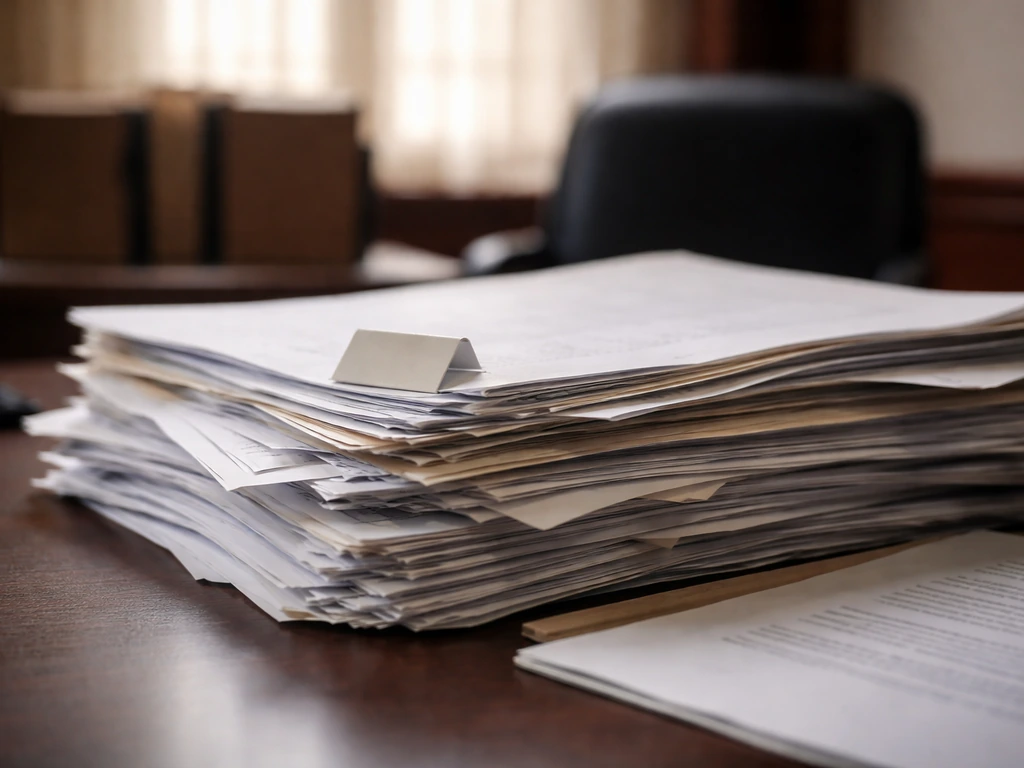 Close-up of legal documents on a desk with blurred courthouse light, symbolizing courtroom case outcomes.