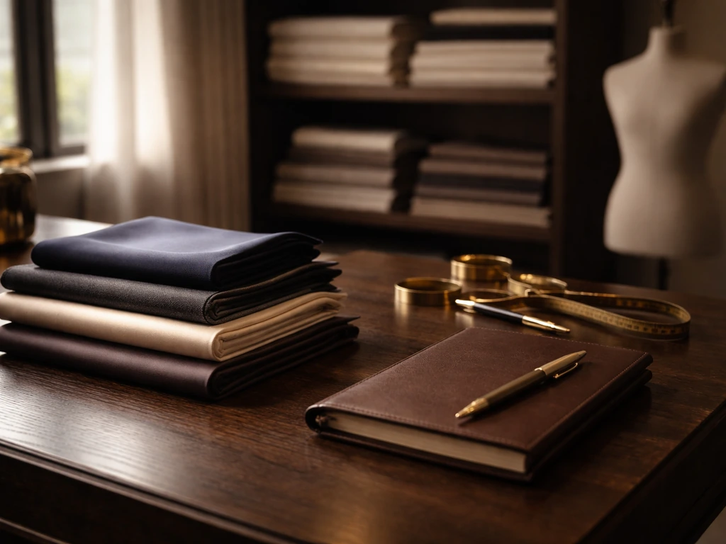 Luxury fashion atelier workspace with tailored fabric and a desk vignette symbolizing business wealth verification