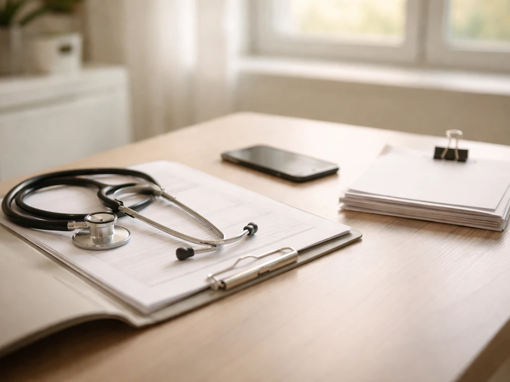 Clinic desk with stethoscope and blank documents, symbolizing verification and financial due diligence.
