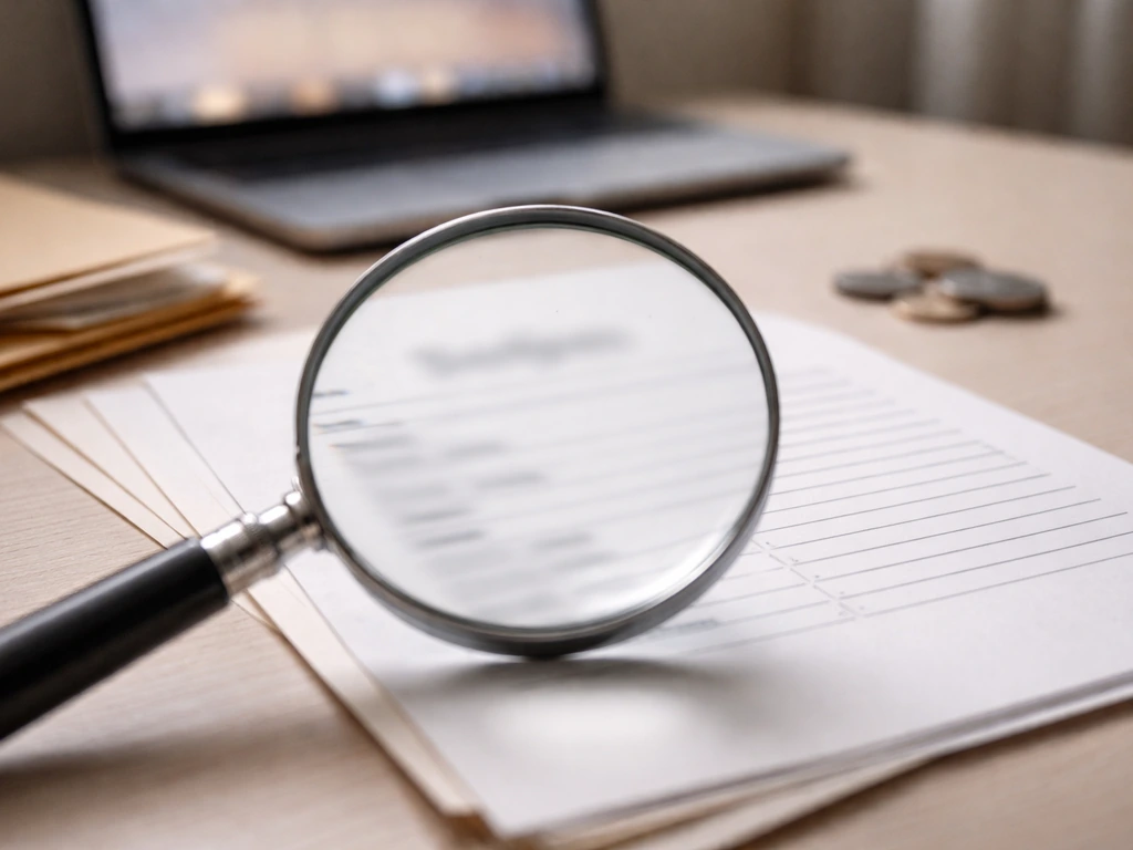 Magnifying glass over blurred paperwork and a digital finance glow, symbolizing net worth research